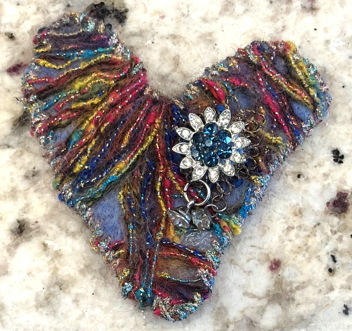 Vintage Handmade Fur Yarn HEART Pin Brooch Flower Rhinestone 3D Red Blue 3.75″
