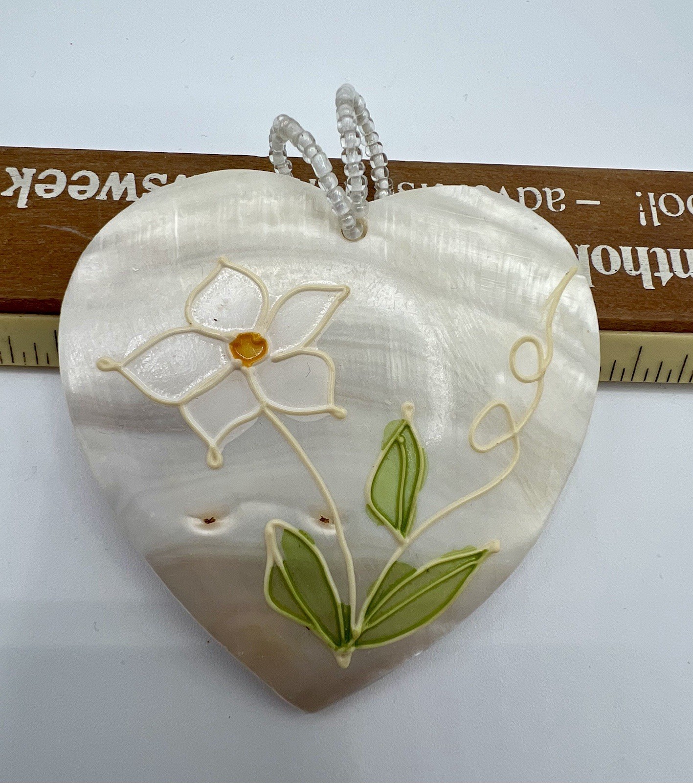 Vtg Large MOP Shell Heart Pendant Hand Painted Flower Beads Gorgeous Unique