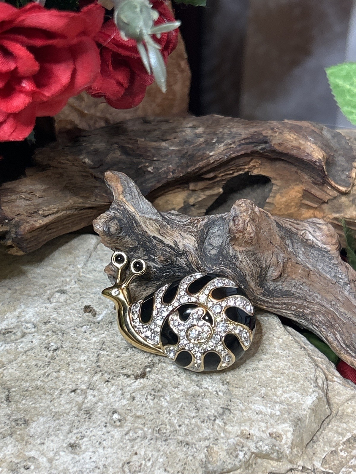 59. Swarovski Gold Tone SNAIL Black Enamel White Chrystal Pin 1 3/8″, 20g