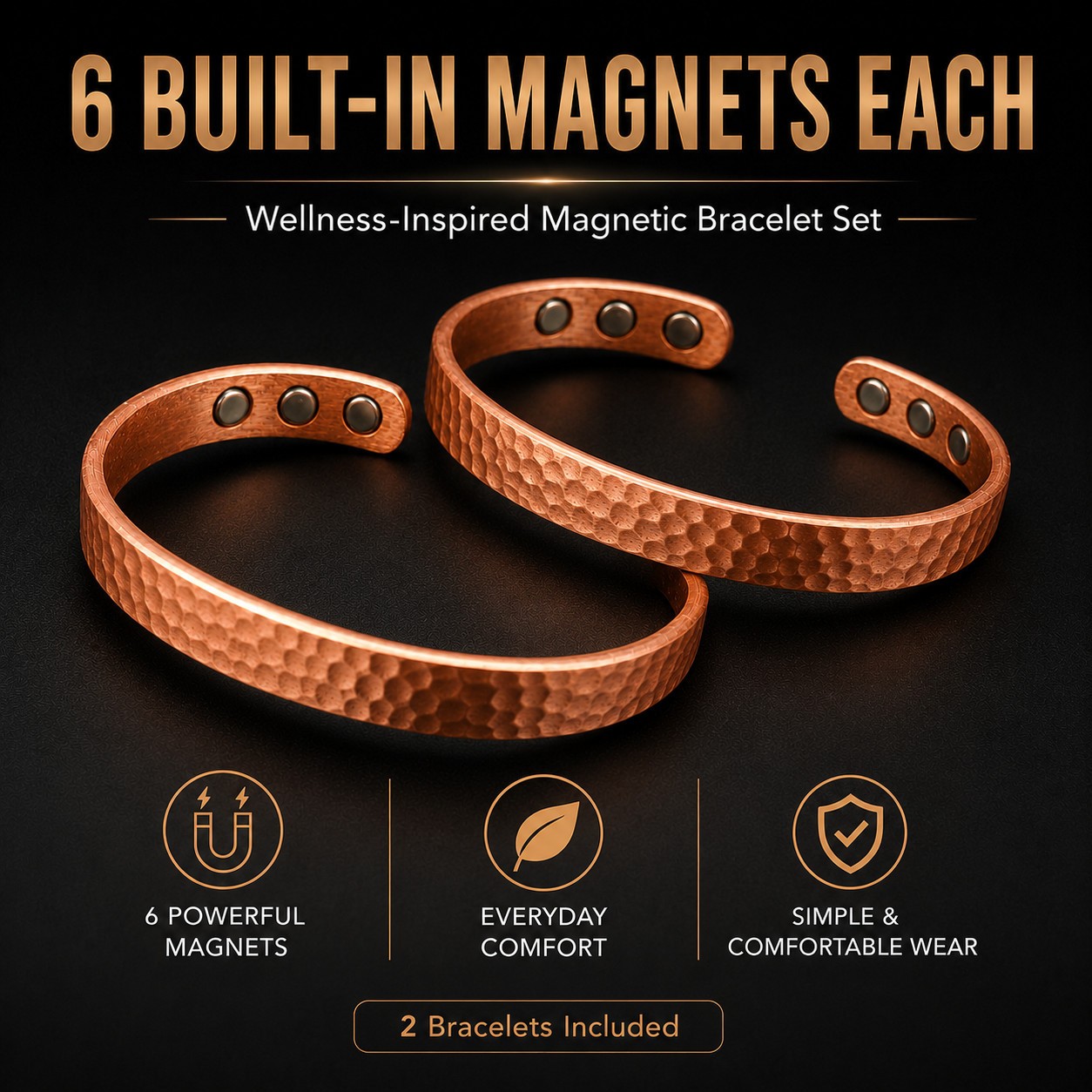 2Pcs Magnetic Copper Bracelet Set Pure Solid Copper 6 Magnets Adjustable Cuff