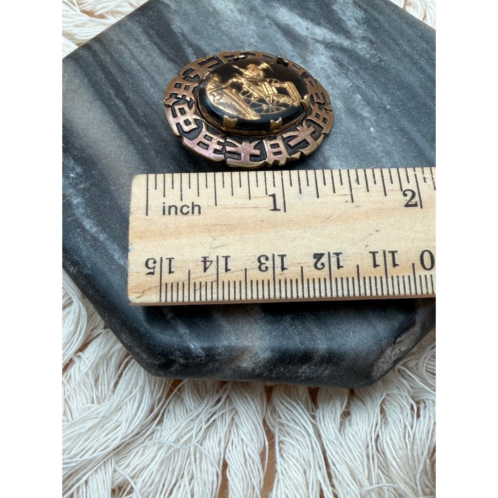 Vintage Damascene Rickshaw Brooch Gold Tone Inlay Japanese Art Deco Pin