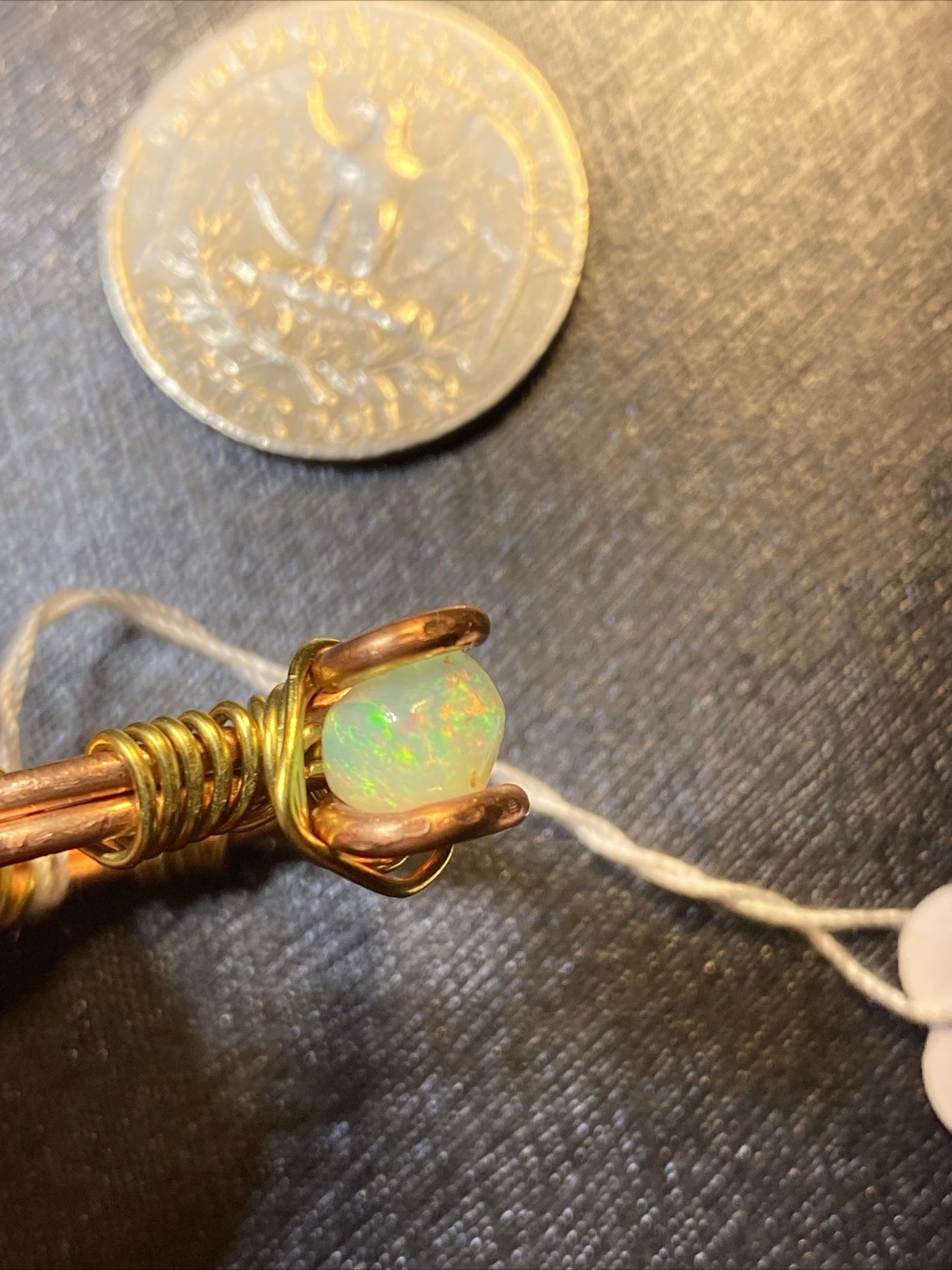 Beautiful Green And Red Ethiopian Opal Set In A Copper Wire Wrap Ring Size 9.5