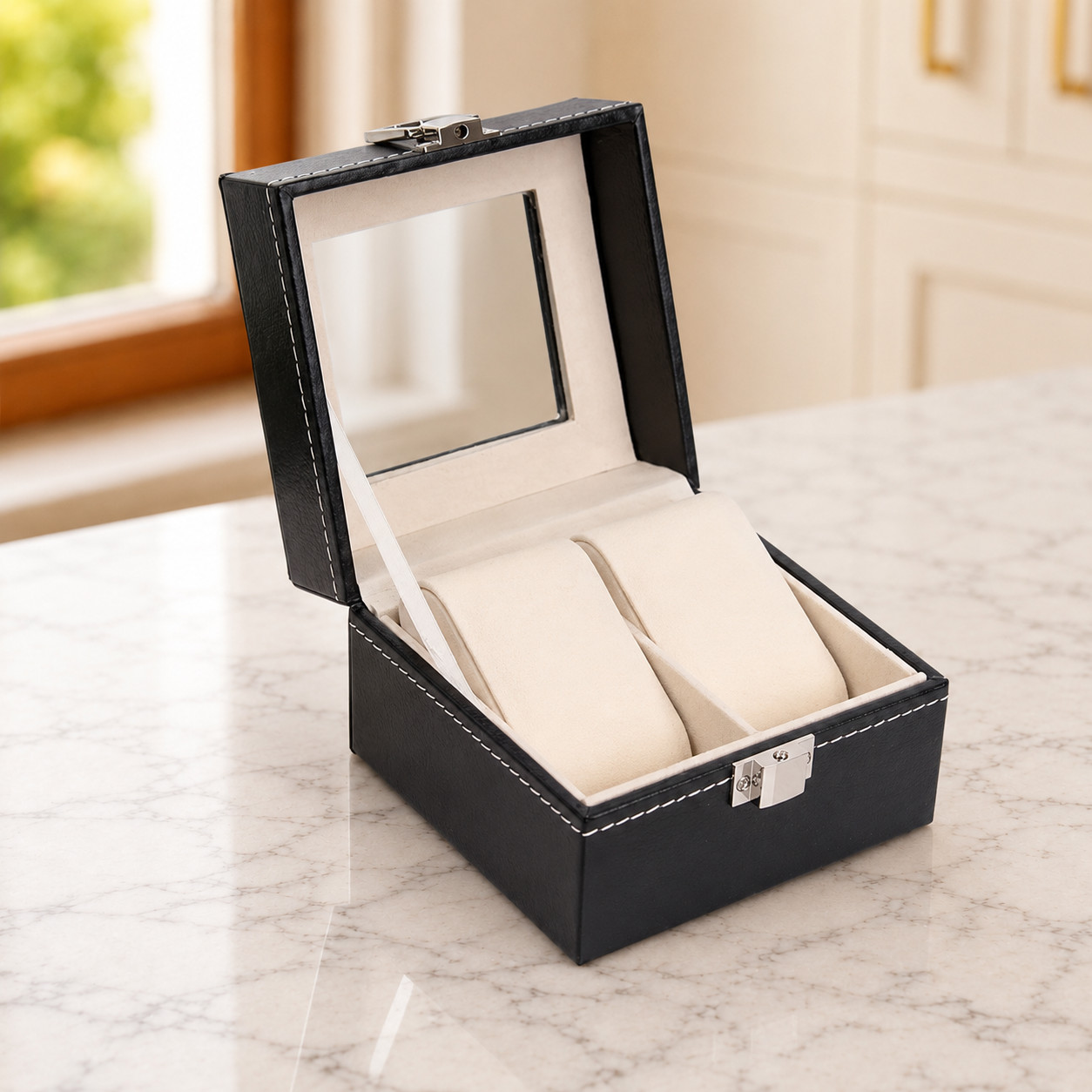 Couples Watch Box 2 Slot PU Leather Glass Top Collection Display Case