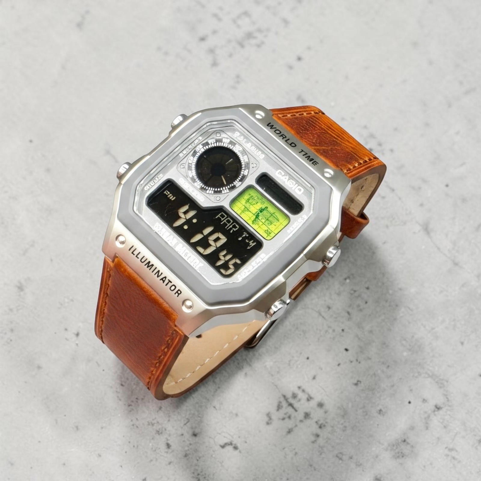 Silver CASIO AE-1200WHD. Royale Watch Mod. Negative Display. Green World Map