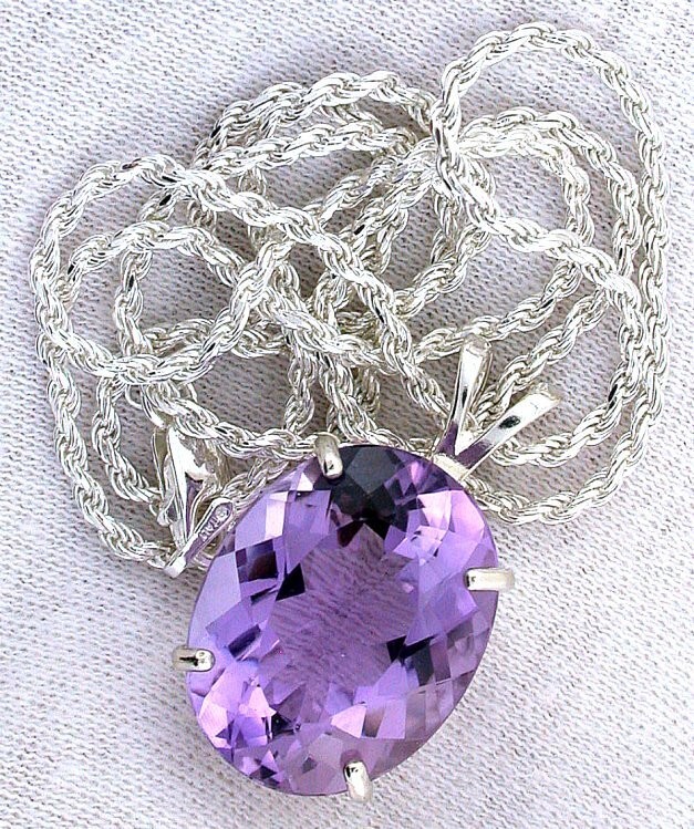 15.76 Carat Oval Amethyst Sterling Silver Pendant 20″ 1.7mm Rope Chain EBS669