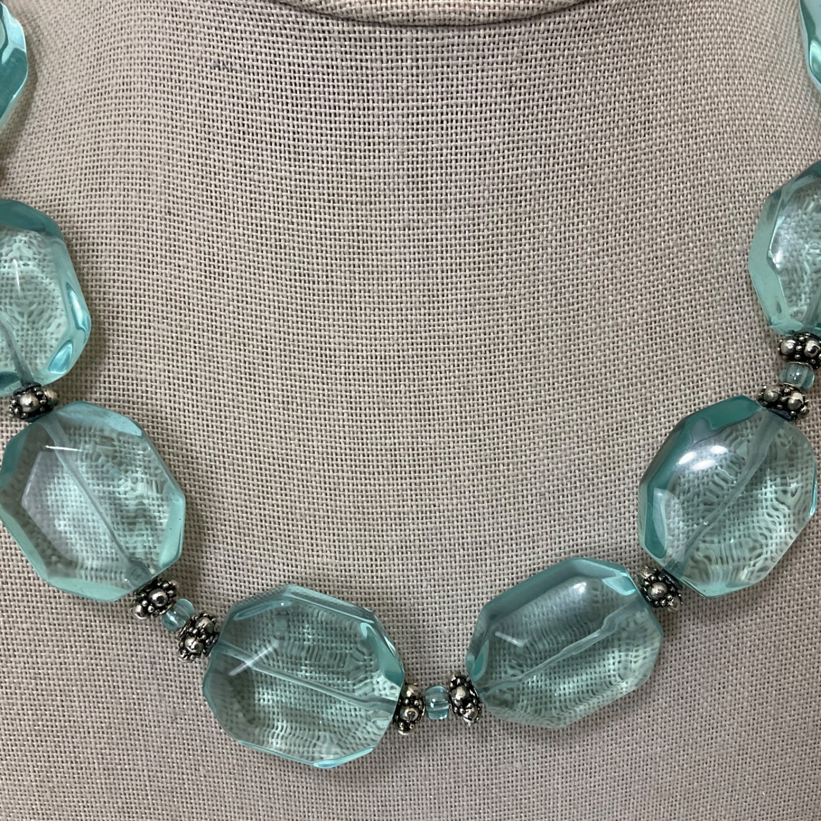 Vtg Aquamarine Glass Faceted Nuggets & Sterling Silver Beaded Necklace Adjusts