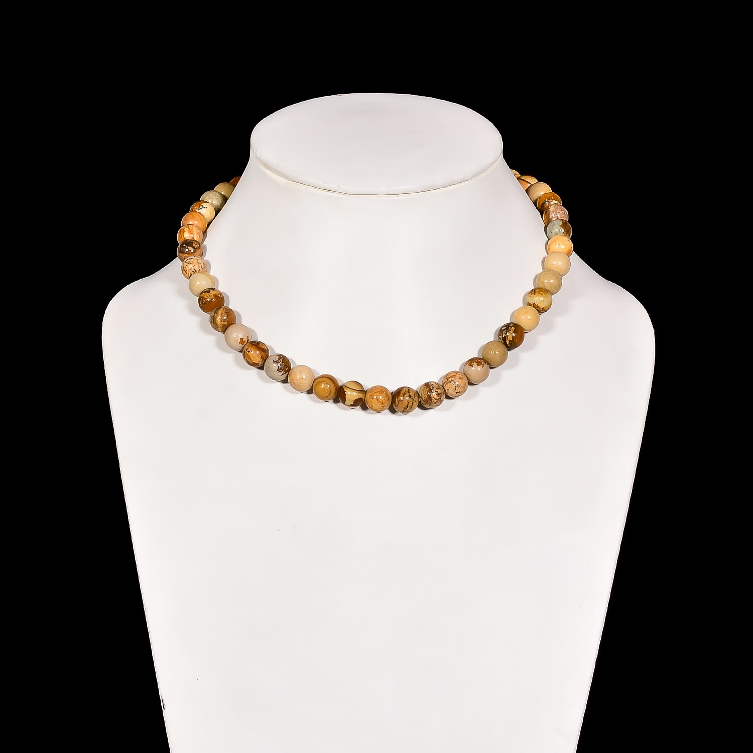 Picture Jasper Gemstone Round 8 mm Smooth Beads 15.5″ Stretchable Necklace
