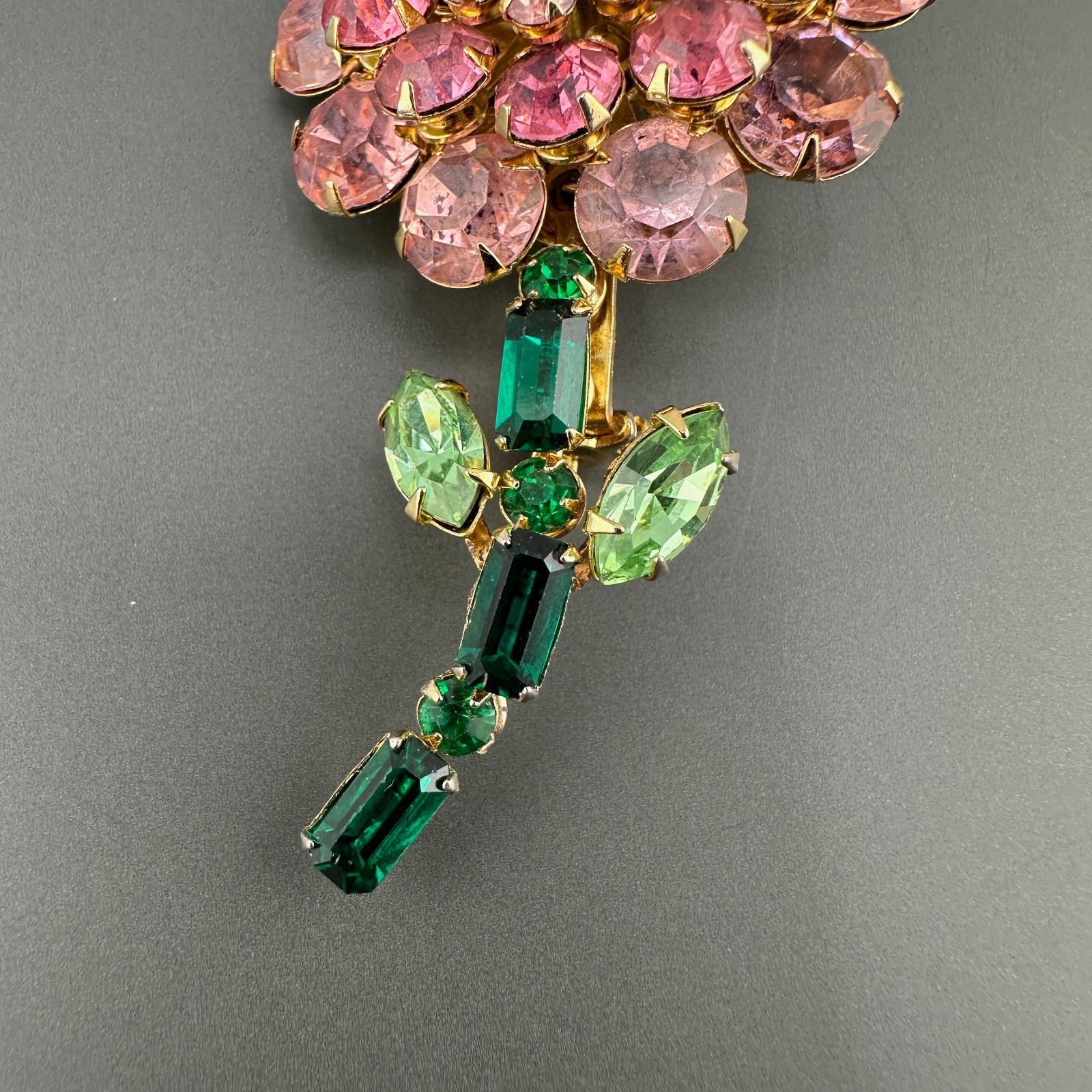 Vintage Judy Lee Rhinestone Flower Brooch Shades of AB Pink Green Long Stem READ