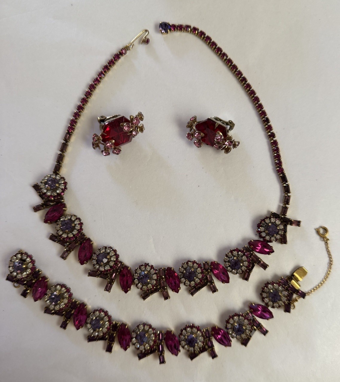 Vintage HOBE Signed Necklace Bracelet Clip On Earrings Multicolored Crystals Set