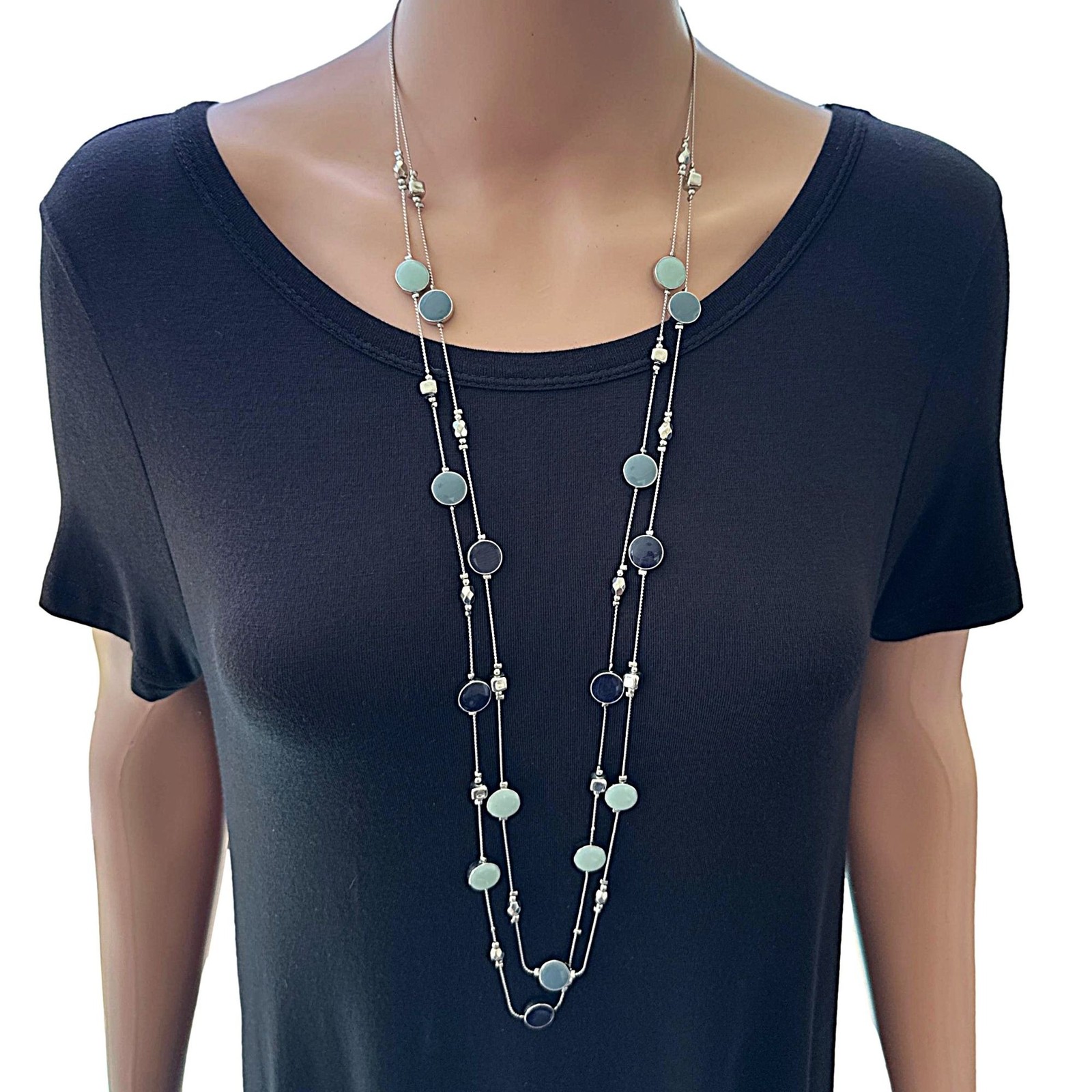Long Double Strand Necklace Sky Blue Navy Enamel Beads Silver Tone NWOT Womens