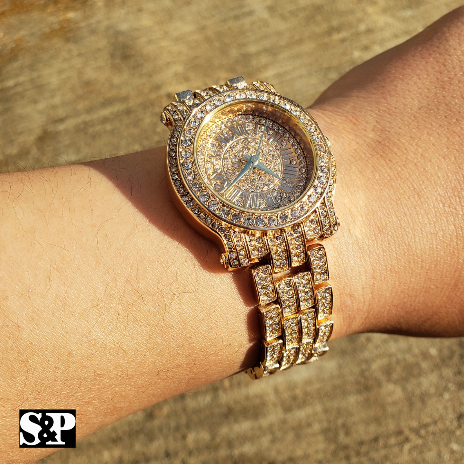 Women’s Hip Hop Iced 18K Gold Plated Bling Lab Diamond Metal Band Fashion Watch