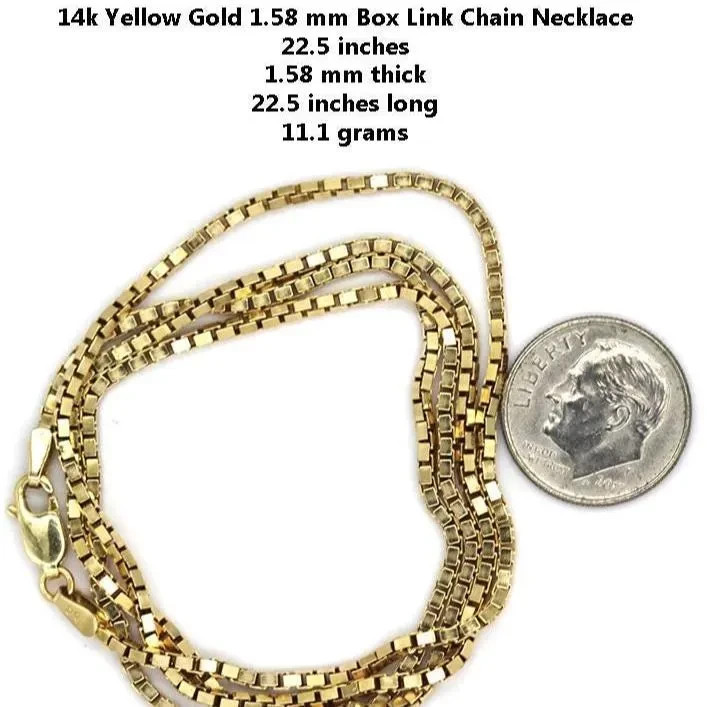 14k Yellow Gold 1.58 mm Box Link Chain Necklace 22.5 inches