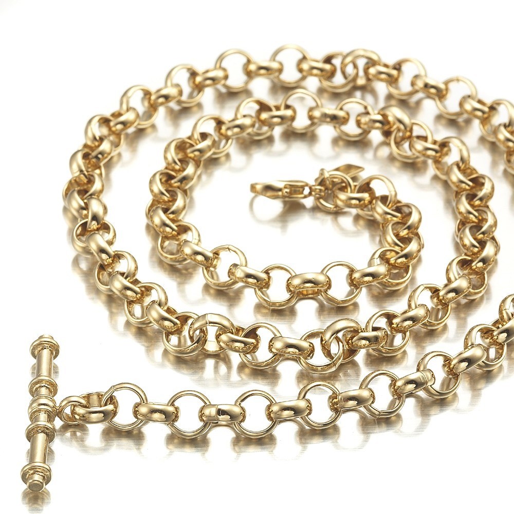 18K GL Solid Rolo Belcher Chain Yellow Gold Necklace with Antique Style T Bar