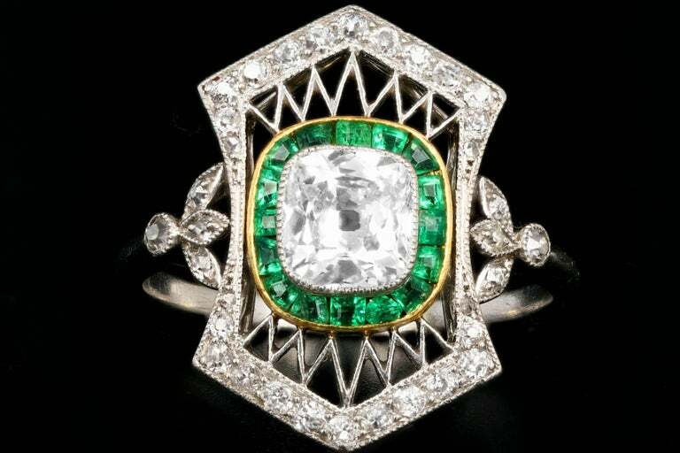 Edwardian Art Deco Design Old European Cut CZ & Green Emerald 935 Silver Ring