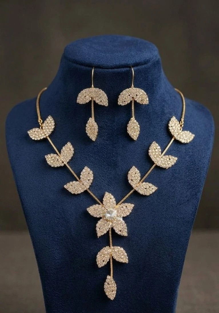 Art Deco Floral Necklace Earrings Set – Brass, Lab Created Stone (Wedding)