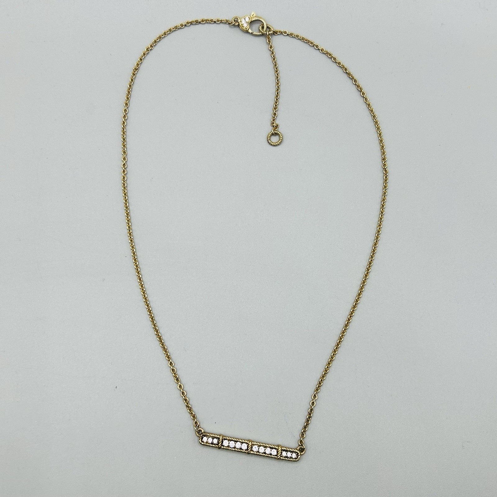 Judith Ripka Sterling Silver (gold color) Bar Necklace w 14 CZs +3 More on Clasp