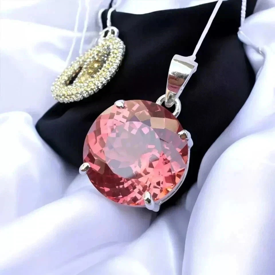 Natural 25 Ct Round Padparadscha Sapphire 925 Silver Pendant Certified Gemstone