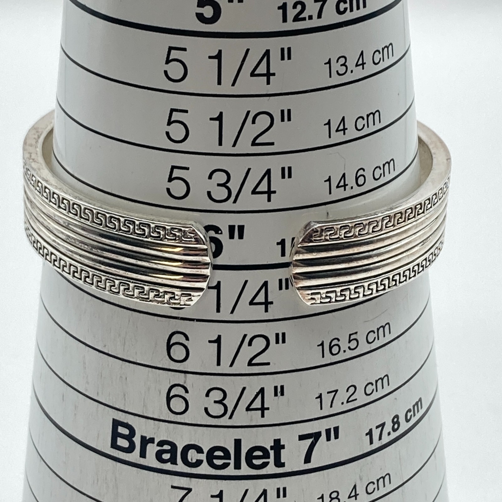 Geneva Women’s Watch 27mm Greek Key Silver Tone Cuff Round New Battery 6.25″