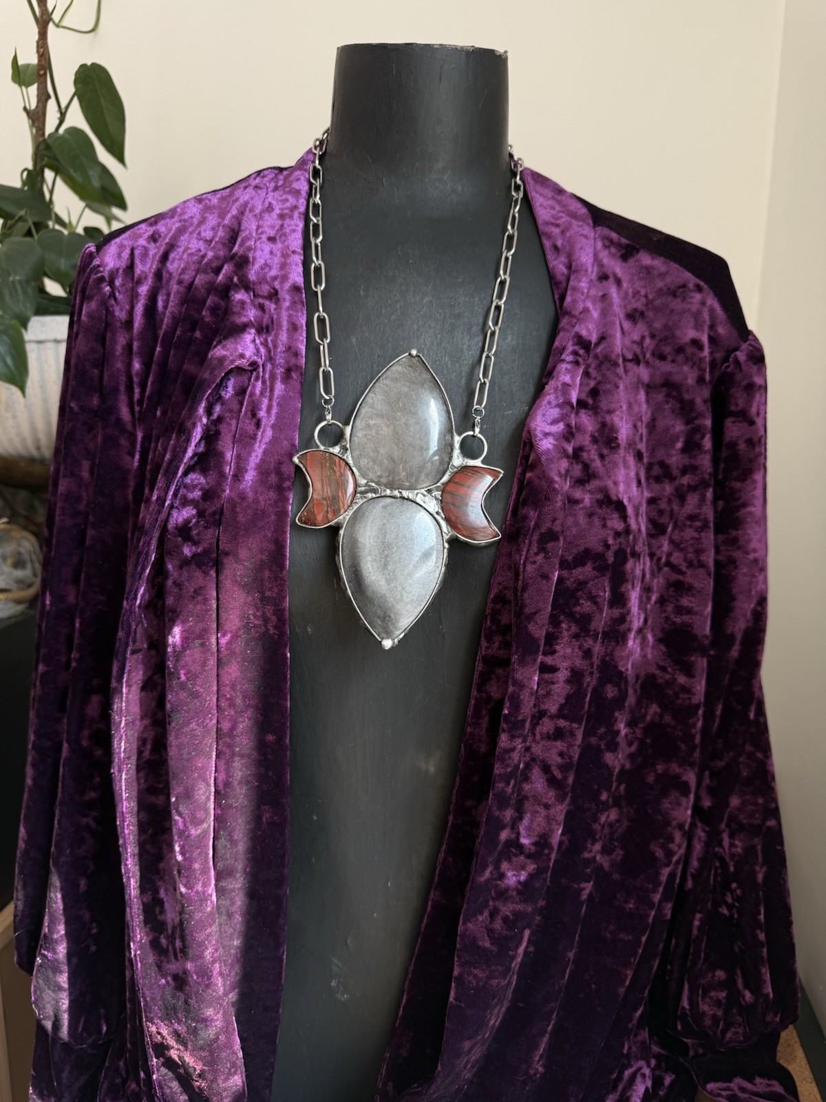 Obsidian Jasper Crystal statement necklace pendant chunky jewelry southern goth