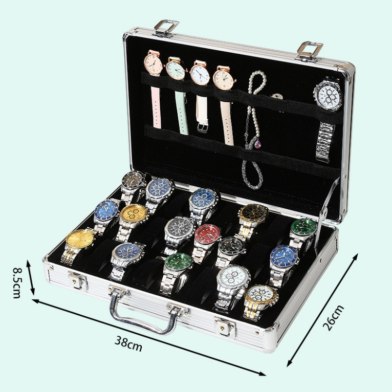 Aluminum Watch Case 24 Grids Briefcase Storage Box Watches Collectors Display