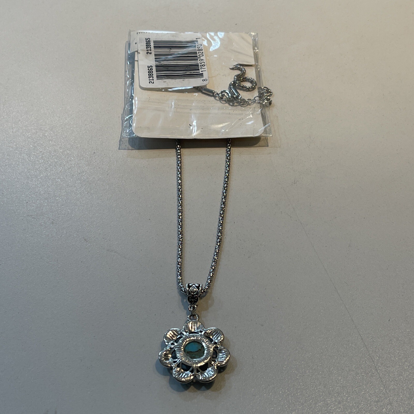 Bijoux By Meera Necklace Genuine Turquoise Stone Charm & Silver Flower 18″ NEW