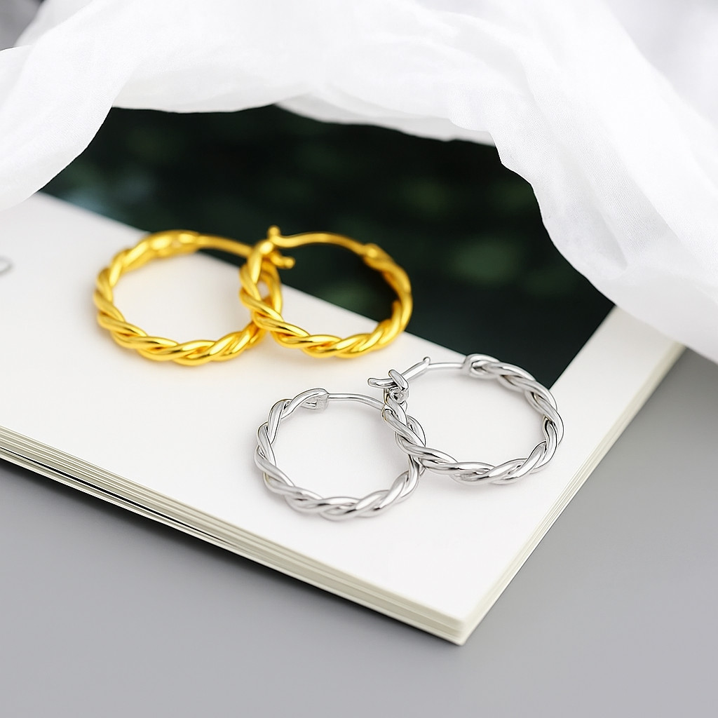 9ct Gold on Silver Vintage Braided Earrings Twisted Hoop Earrings- 17 mm