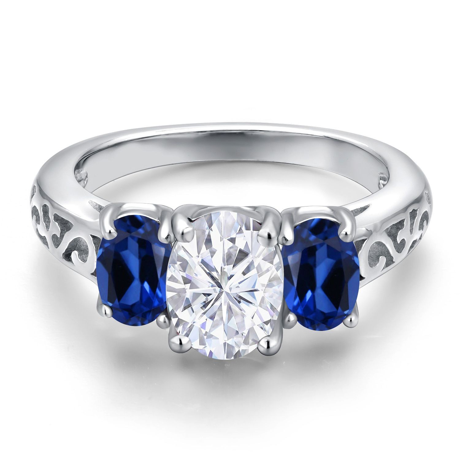 925 Sterling Silver White Moissanite and Created Sapphire Filigree Style 3