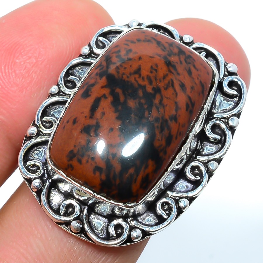 Natural Mahogany Obsidian Gemstone 925 Silver Plated Bali Ring s.7 LBR-329