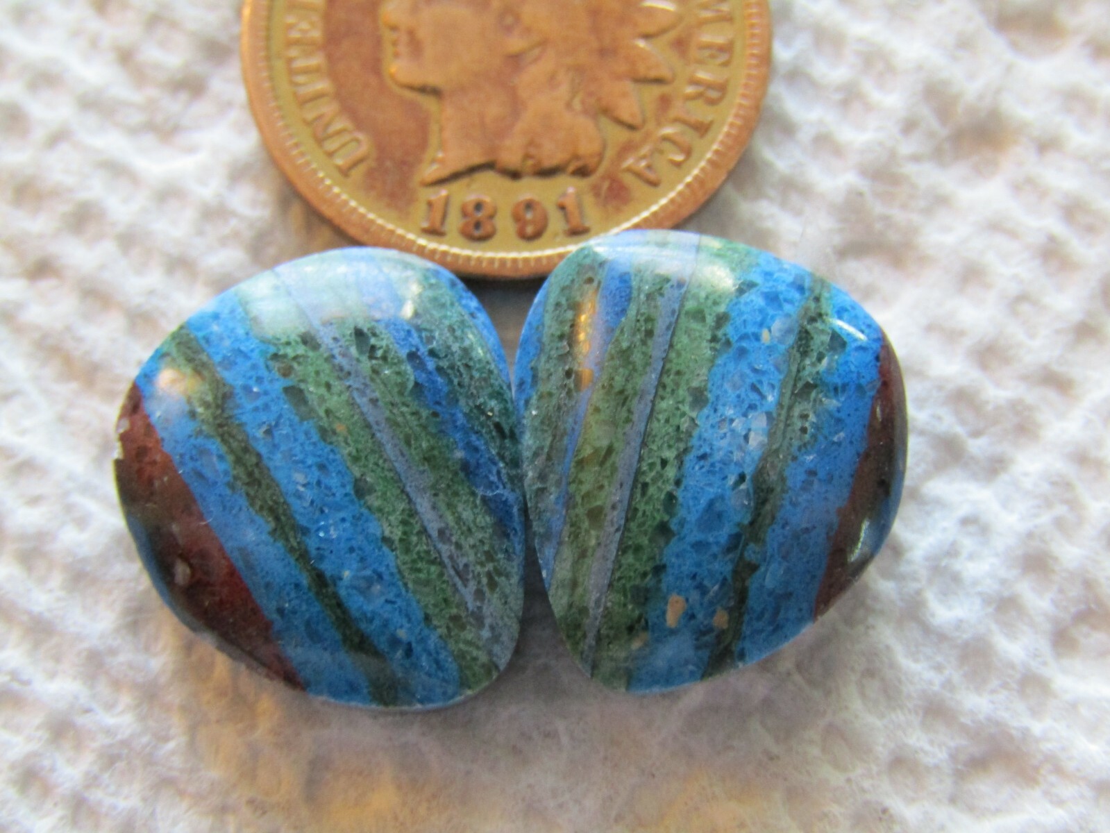 2 Rainbow Calsilica Cabs 15 carats Multi-color Ribbon cabochons Matching Set