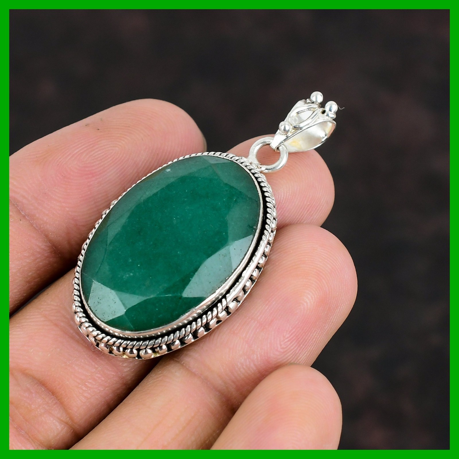 Friendship Day Deal Oval Zambian Emrald Gemstone Bezel Pendant Sterling Silver