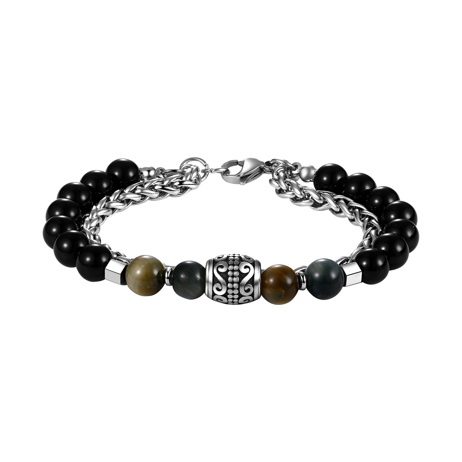 Obsidian Black Tourmaline Men’s Women’s Natural Stone Tiger Eye Beaded Bracelet