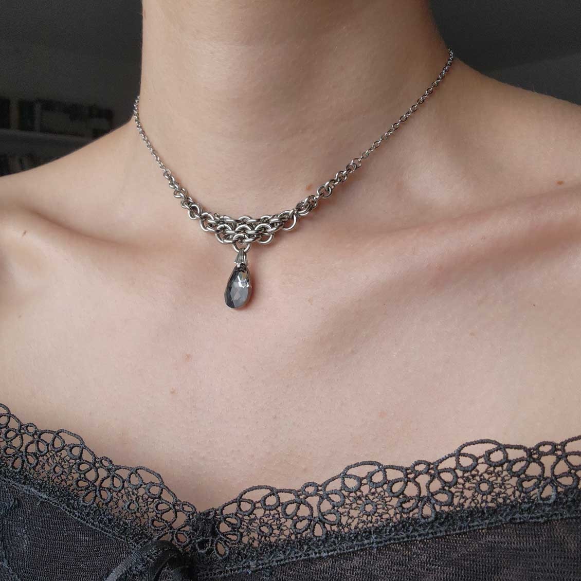 Vintage Victorian style black crystal necklace handmade with stainless steel