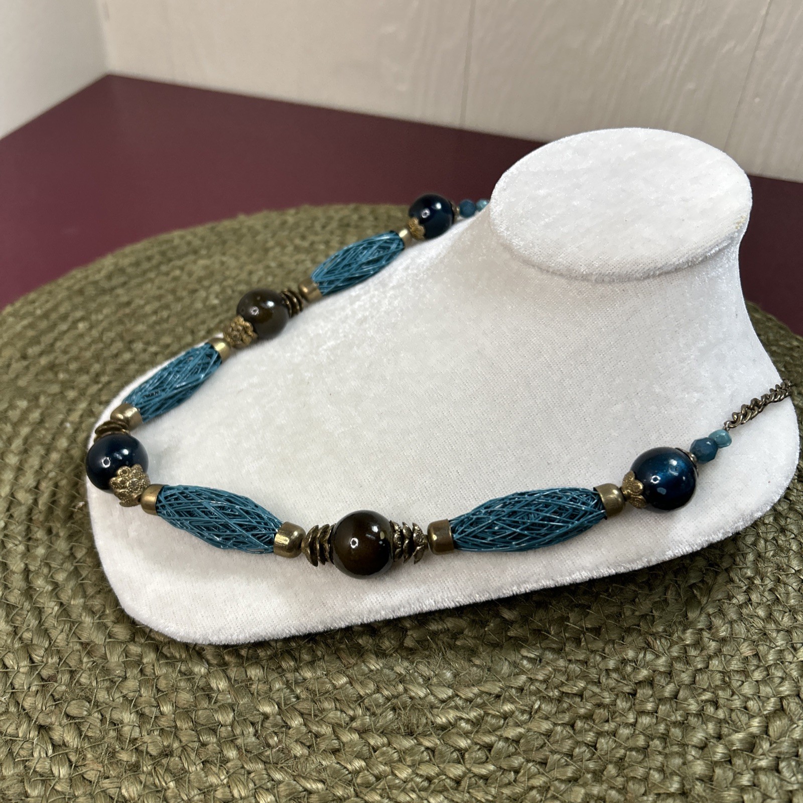 Vintage Chunky Necklace Blue Coated Wire Round Beads Muted Gold Accents