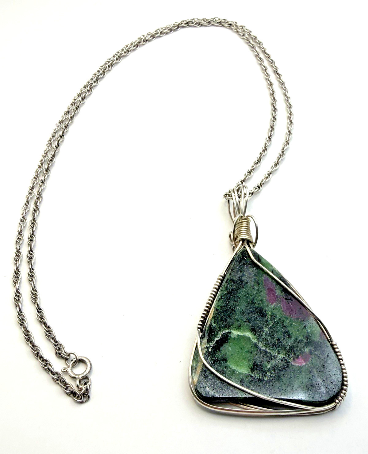 Sterling Silver and Natural Ruby Zoisite Gemstone Artisan Pendant & Necklace