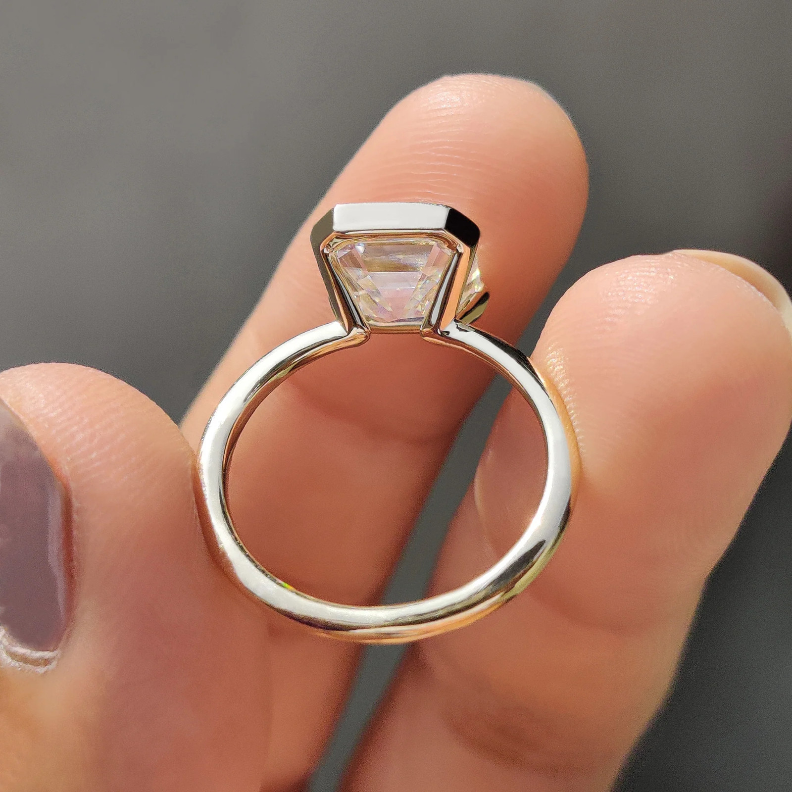 2.0CT Asscher Cut Moissanite Half Bezel Engagement Ring 14K Yellow Gold Plated