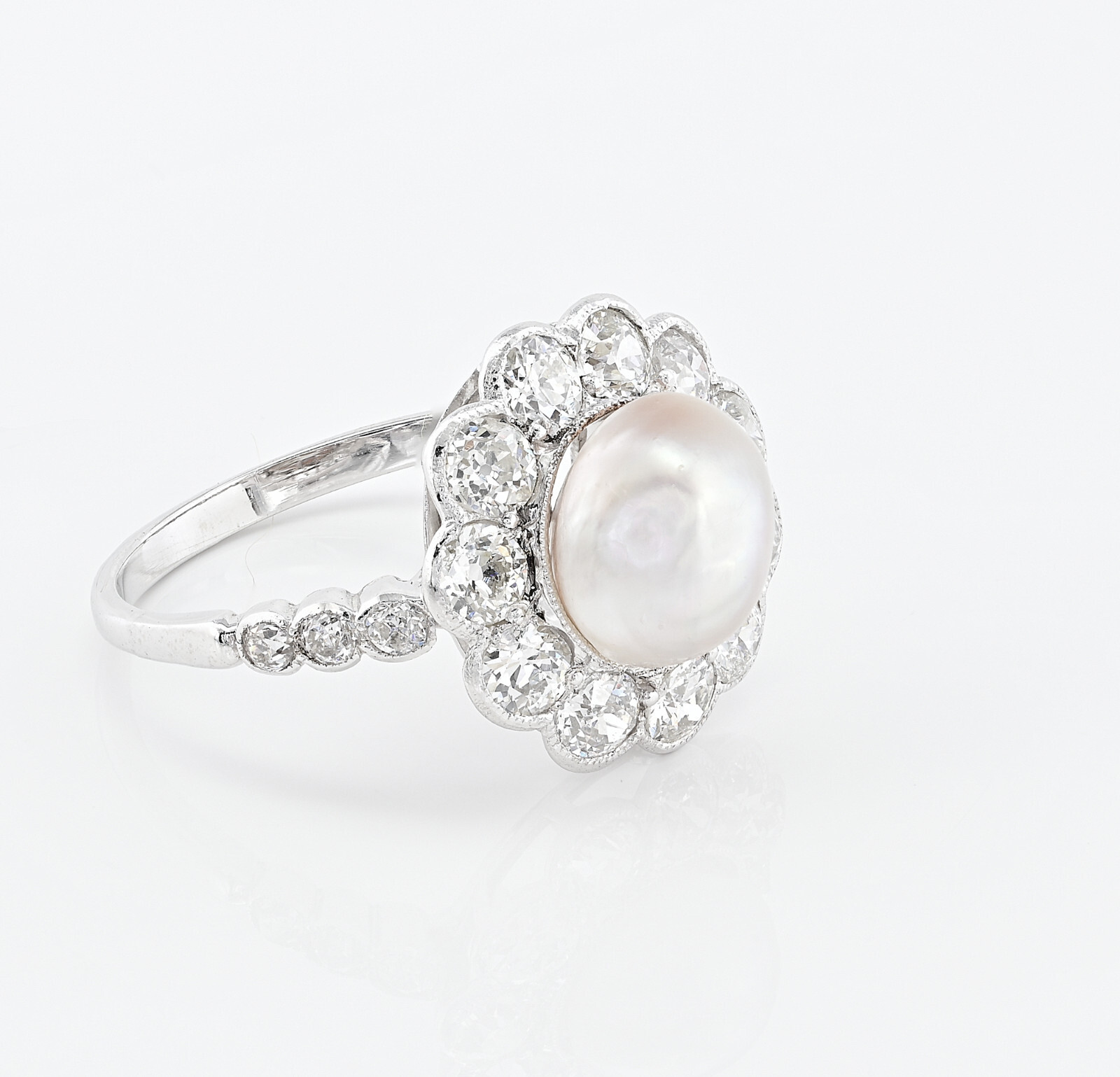 Edwardian Certified 8.5 mm. Natural Pearl 1.35 Ct Diamond Ring