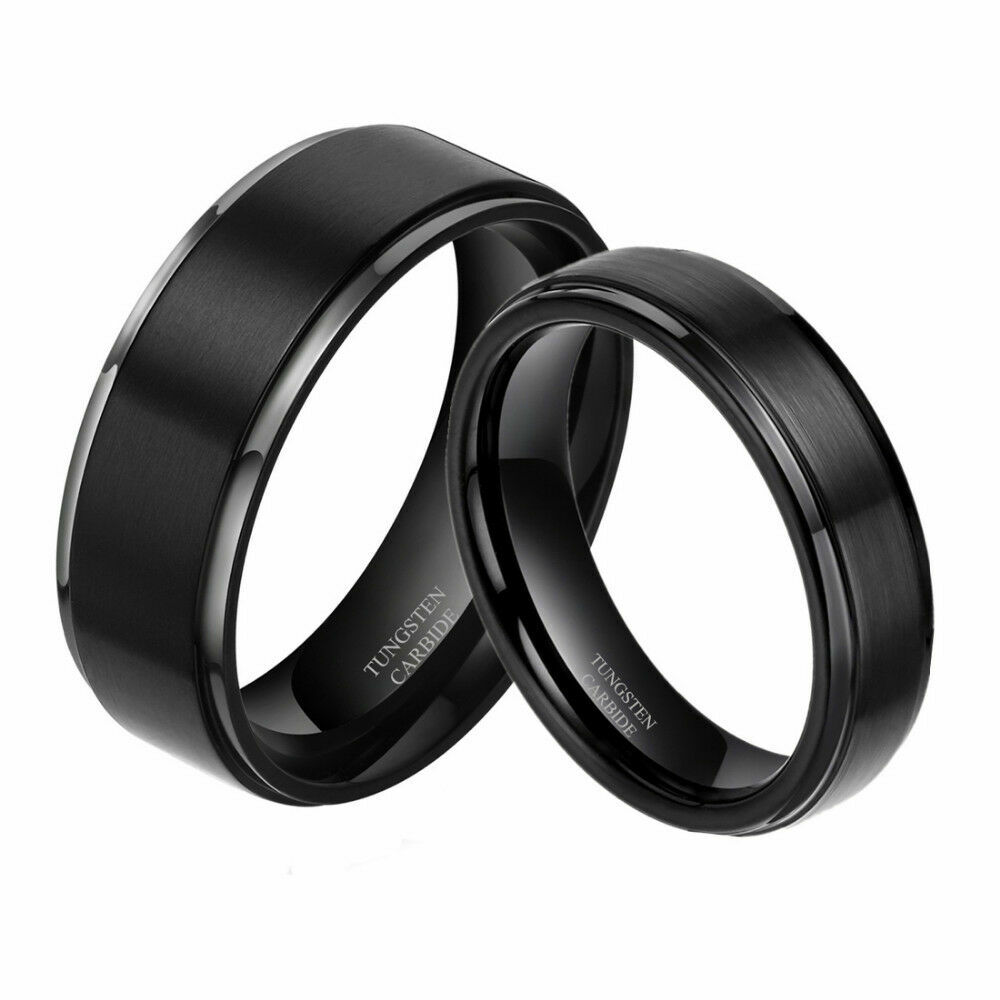 Free Engraving – Tungsten Carbide Brushed Step Edge Wedding Band Ring Set
