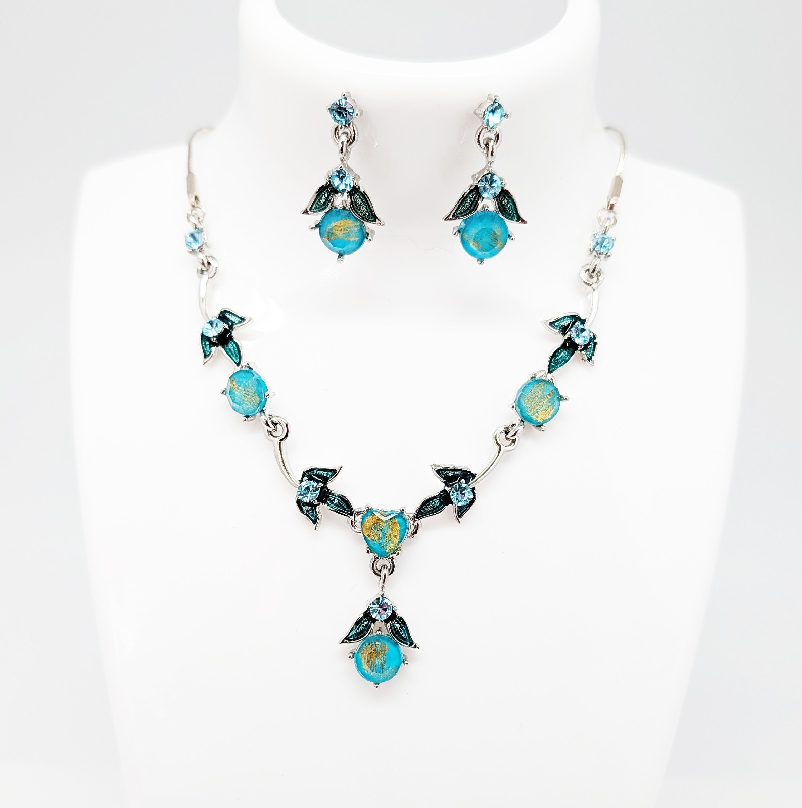 DESIGNER INSPIRED 20 in BLUE CLEAR CRYSTAL SILVER TONE FLORAL DROP JEWELRY SET