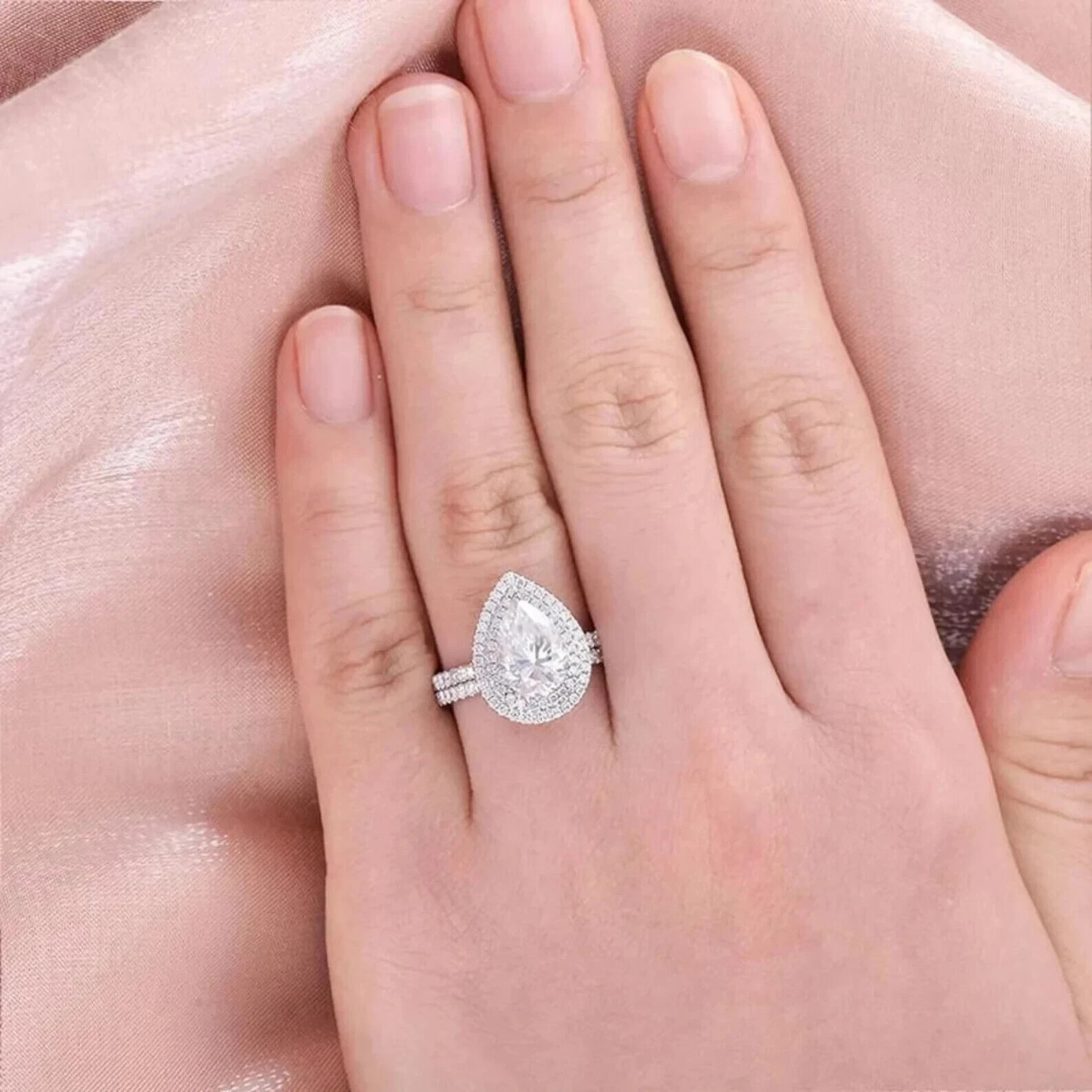 2.30Ct Lab Created Diamond Pear Double Halo Wedding Ring 14K White Gold Plated