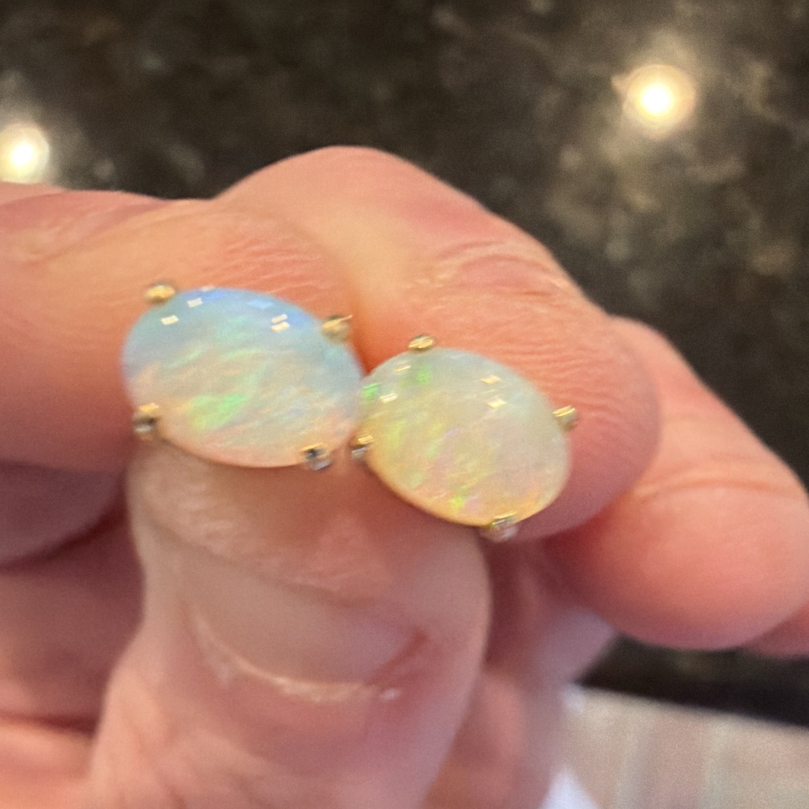 White Oval Opal Stud Earrings Yellow Gold Tone Prong Set Butterfly Back