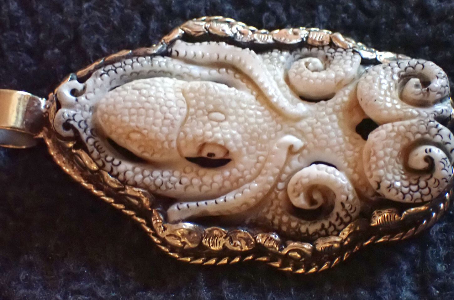 Octopus Squid Carved Pendant in Tibetan Silver Arms curled up approx 2 1/8 “