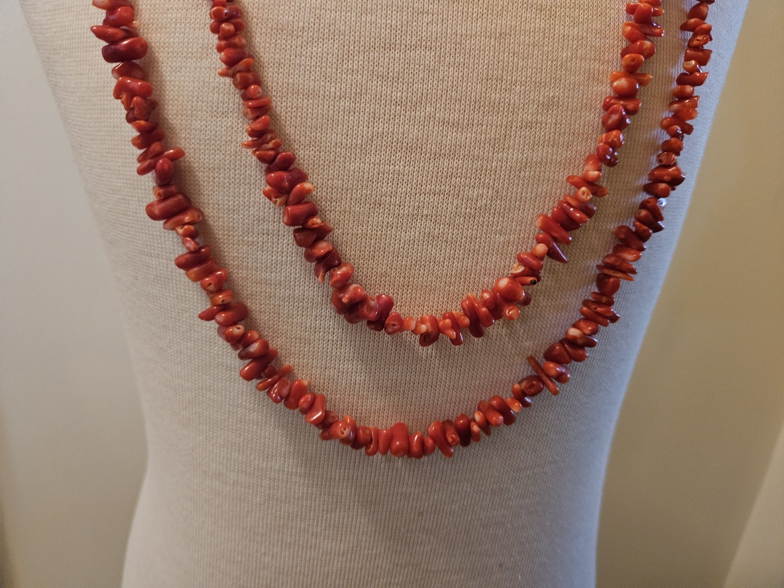 14K Gold Natural Red Coral 60″ Long 114g Multi Strand Necklace Runway Statement
