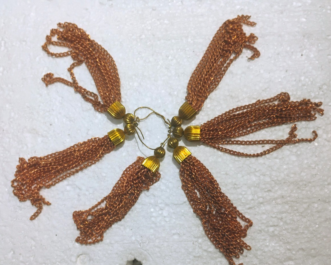 6 VINTAGE COPPER FINISH METAL TASSELS w/ BRASS CAPS 4″