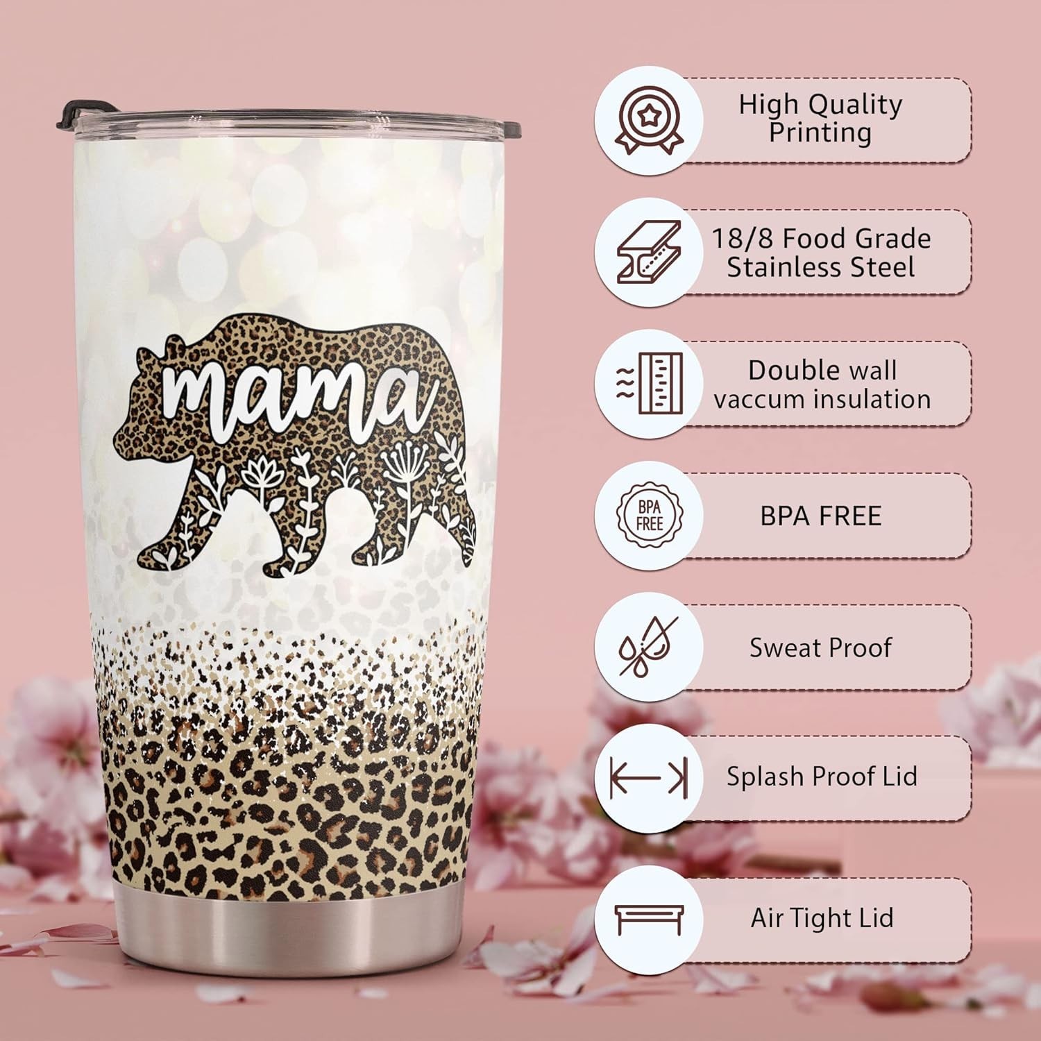 20oz Stainless Steel Bear Tumbler – Stylish Mother’s Day Gift in Leopard Print