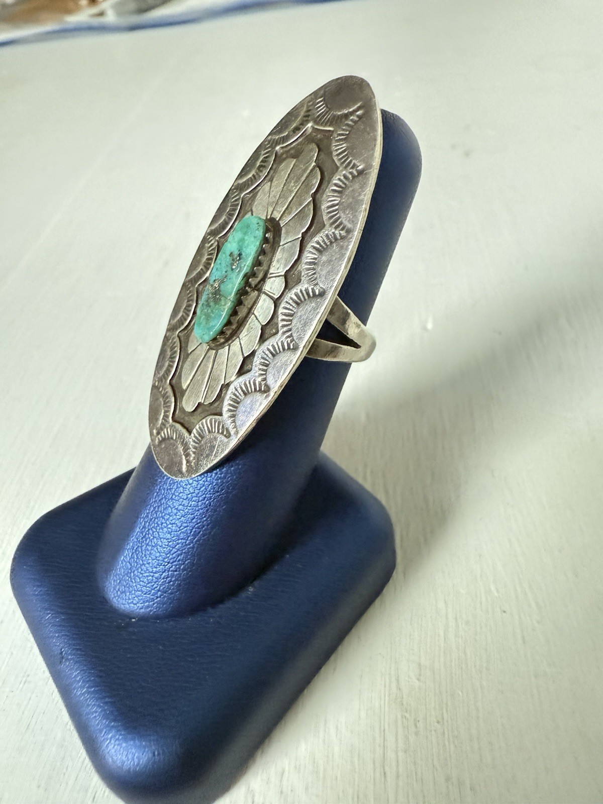 BEAUTIFUL Navajo KIRK SMITH KS Sterling Silver Turquoise Concho Statement Ring 7