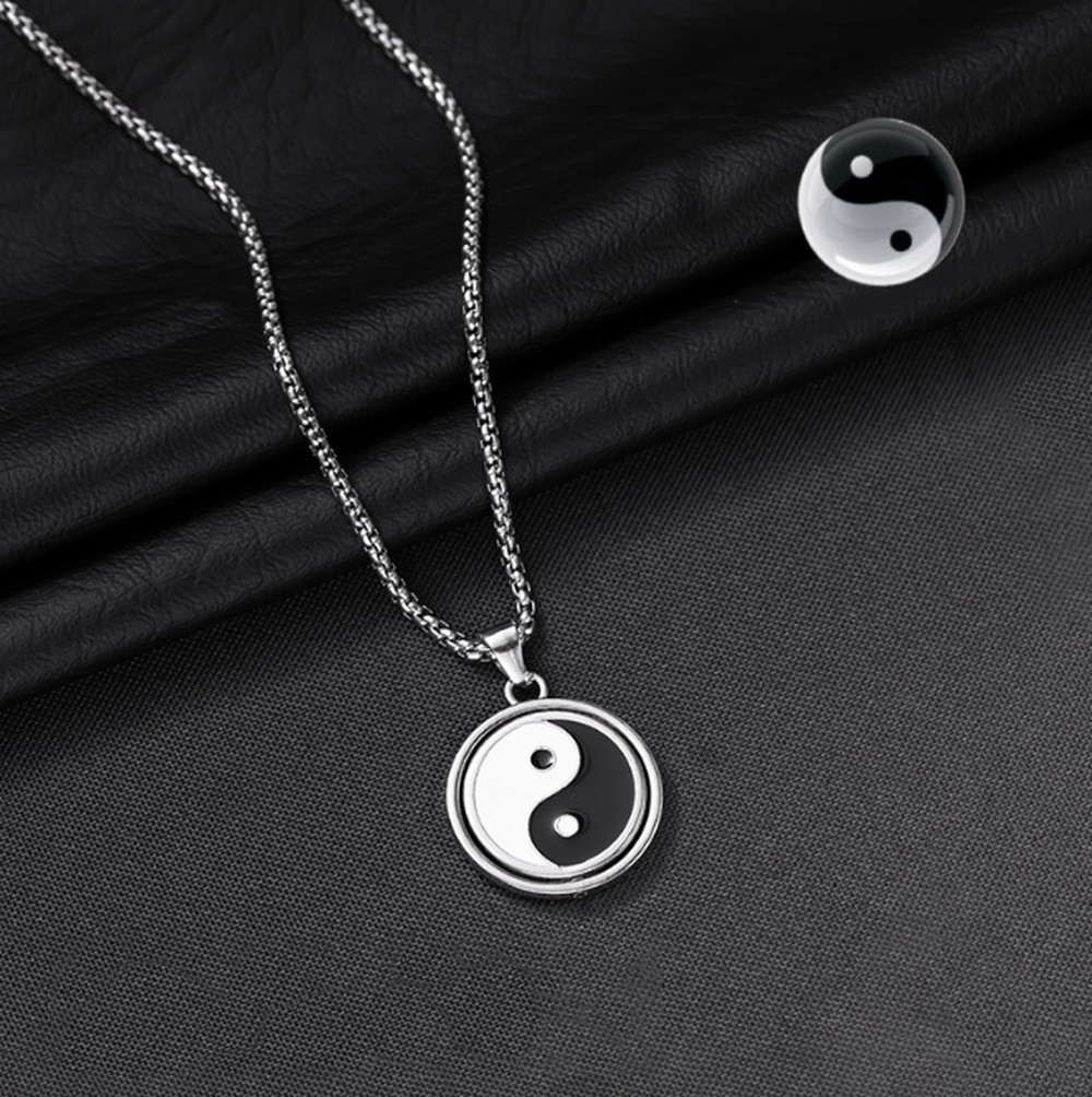 Pendant Necklace Stainless Steel Yin-yang Enamel Silver 23.62 in Men N89