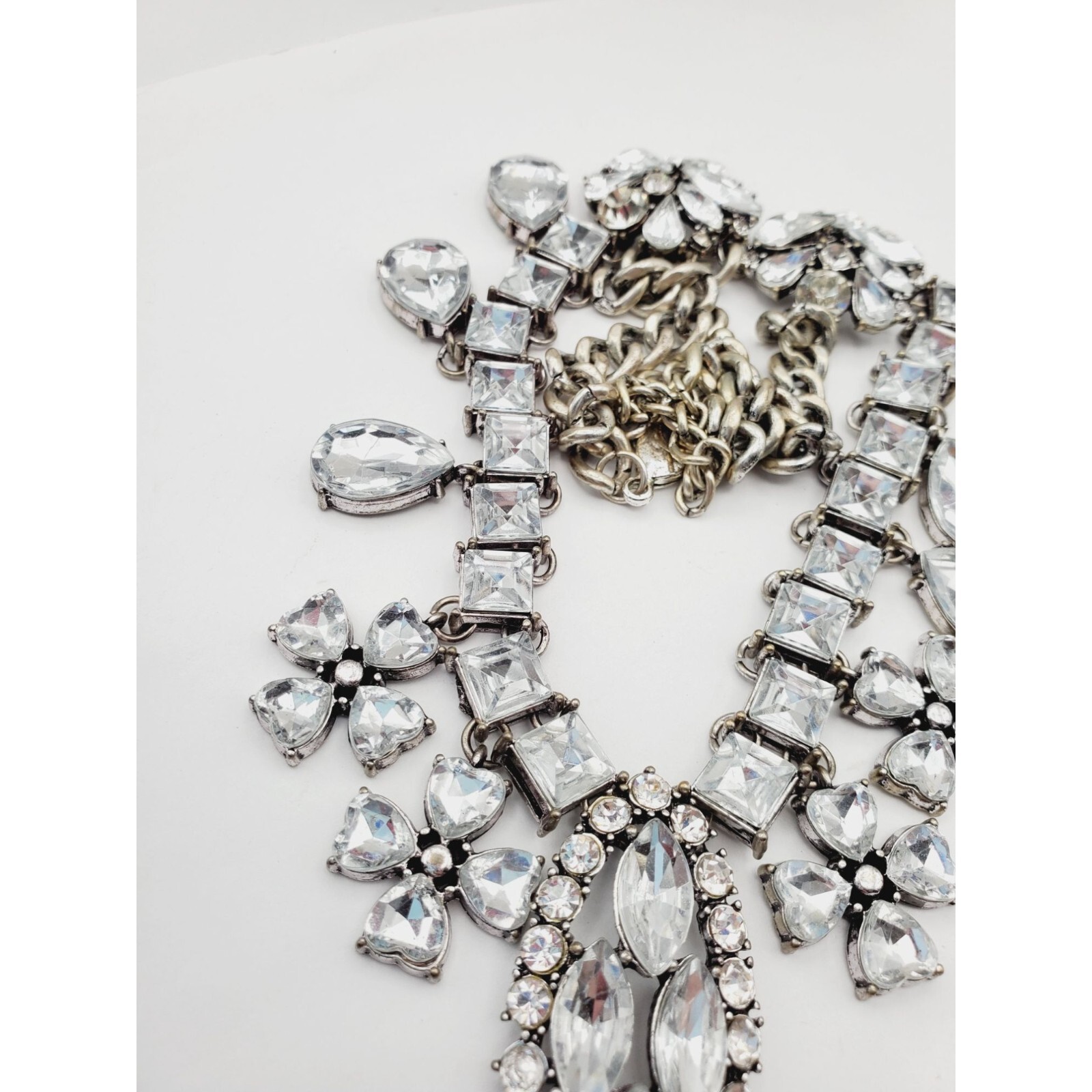 Statement silver tone Rhinestone flower square tear drop pear Necklace 18″