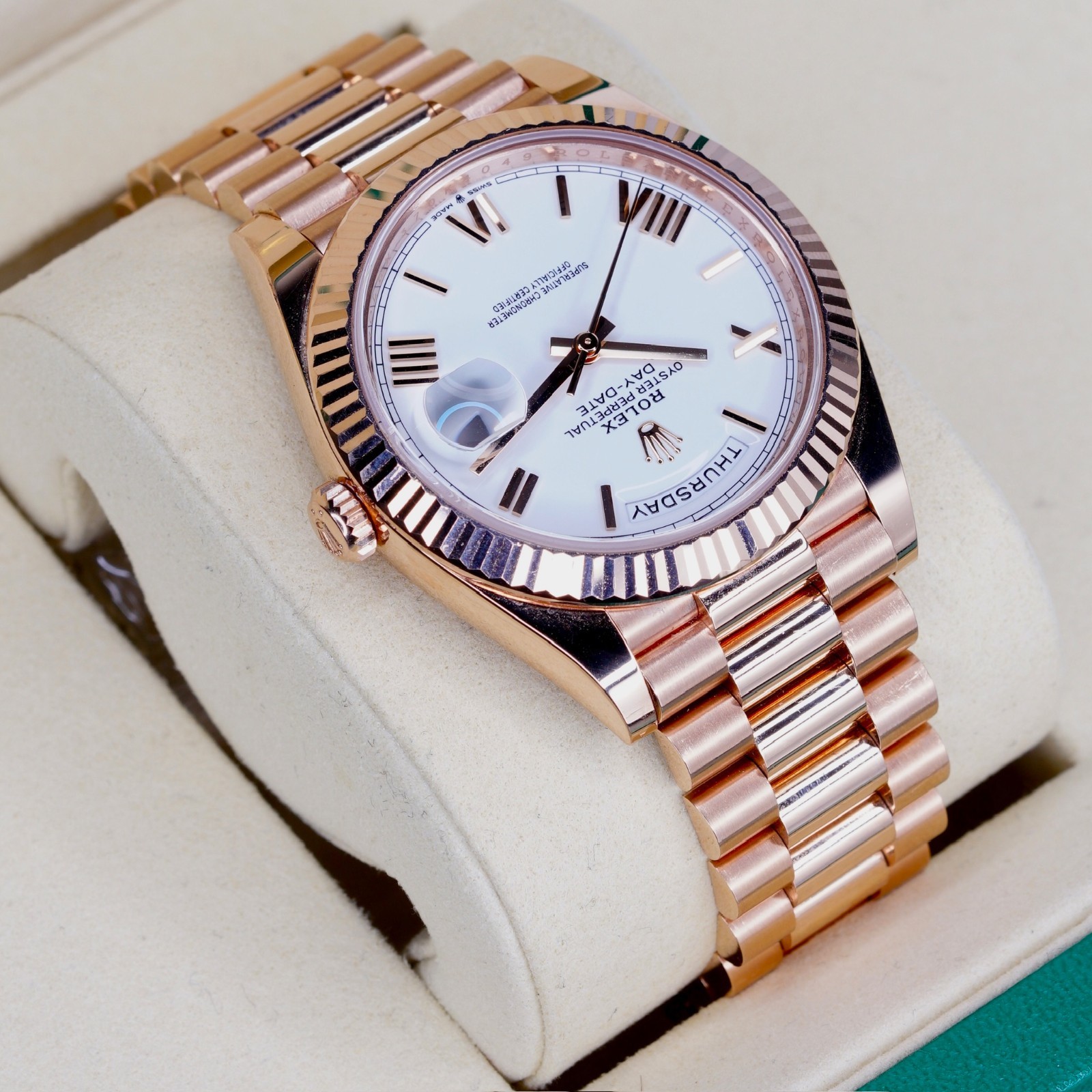 Rolex Day-Date 40 White Dial 18K Rose Gold Fluted Roman Numeral President 228235