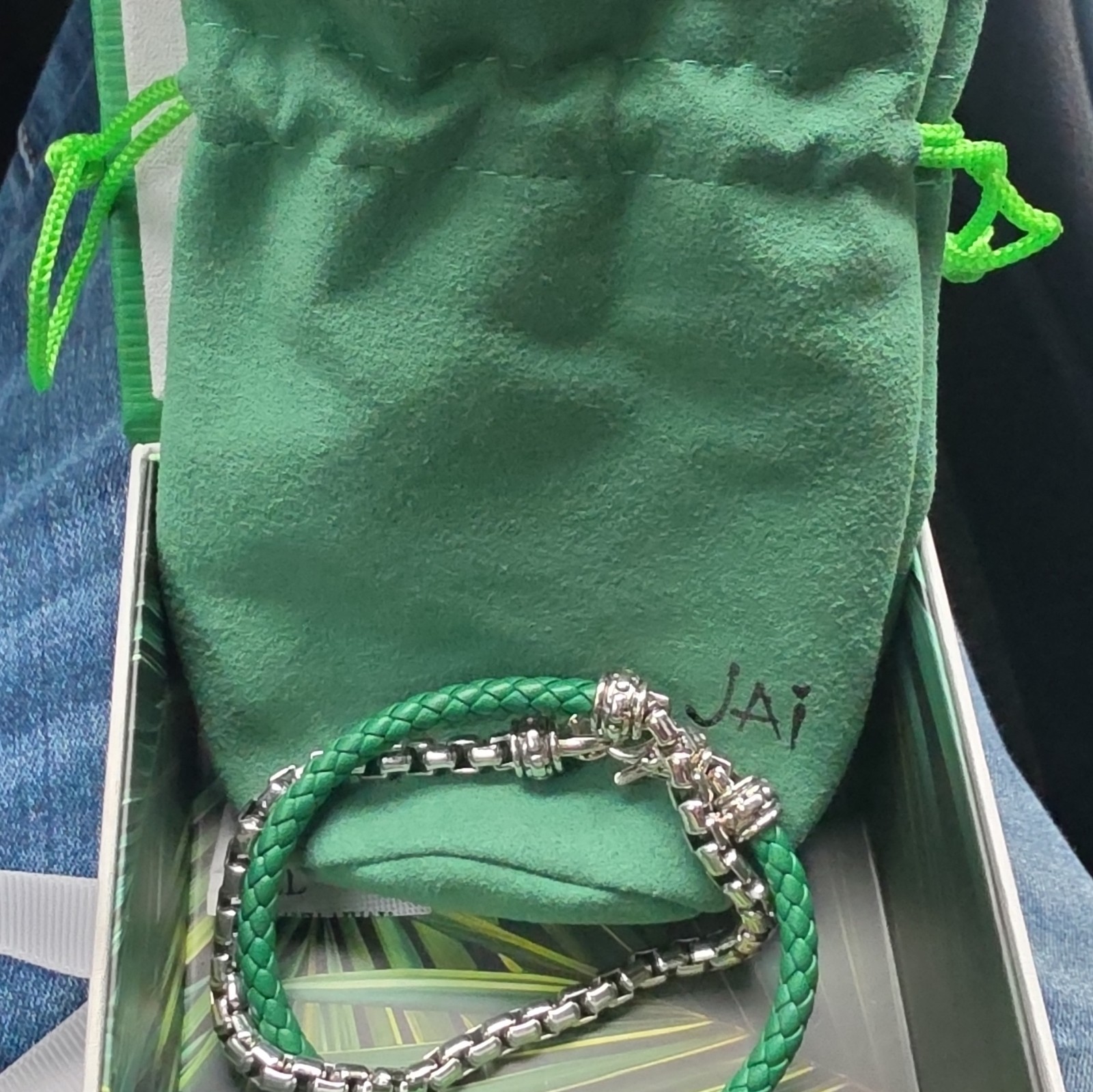 John Hardy Green Leather Bracelet Silver Box Chain Lobster Clasp