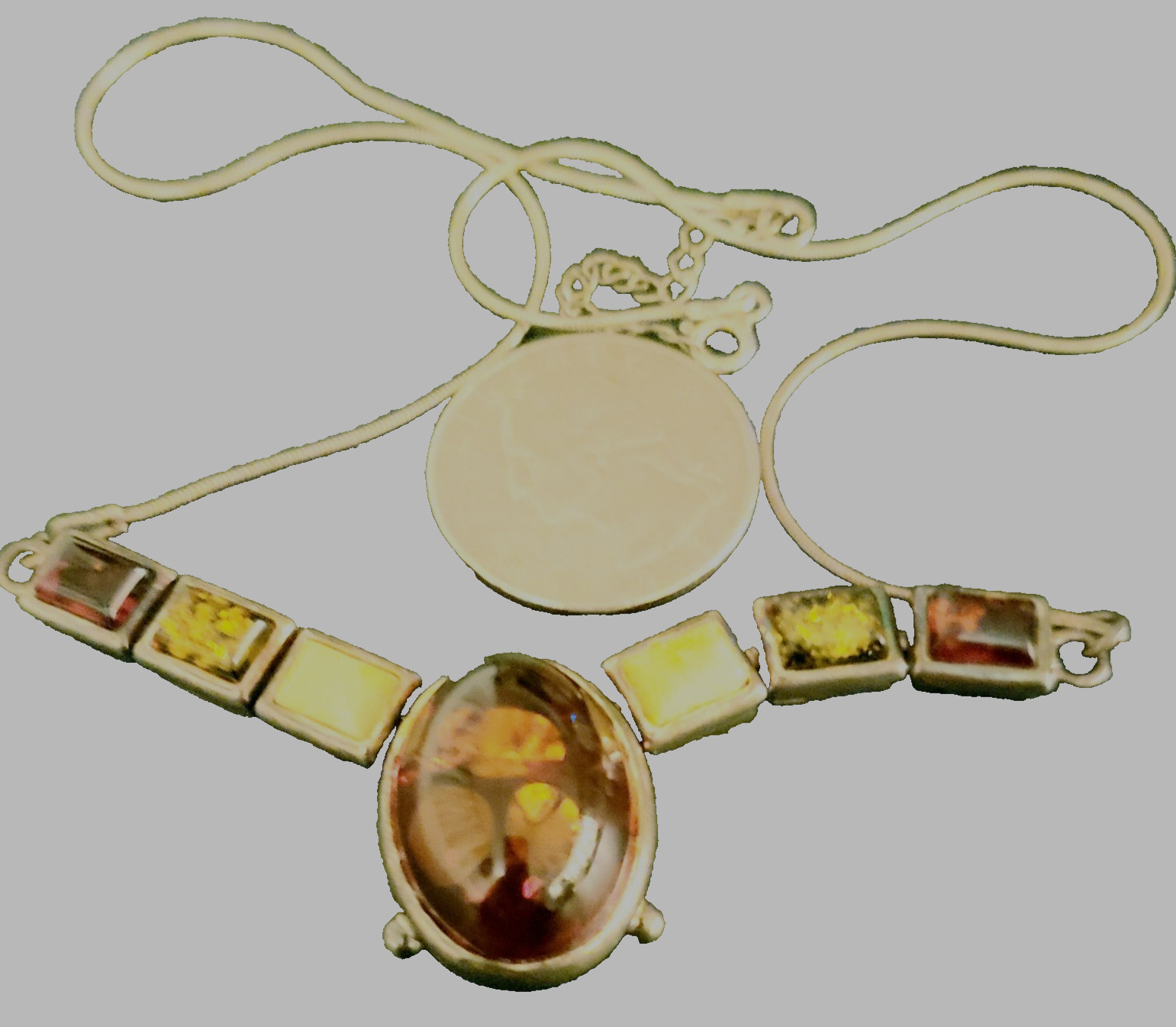 Vintage Baltic Amber Y Drop Necklace 925 Sterling Silver with other stones FAB!